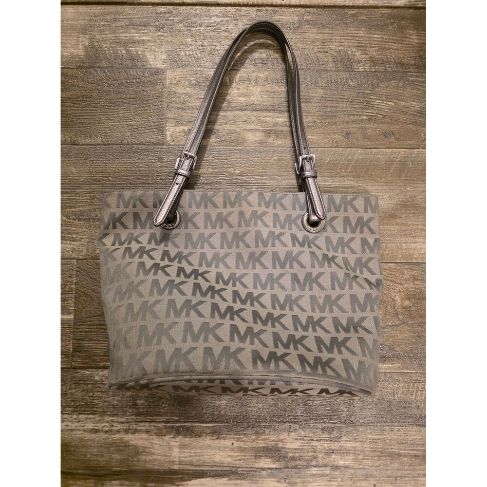 Michael Kors Gray MK Monogram Tote with Metallic Straps